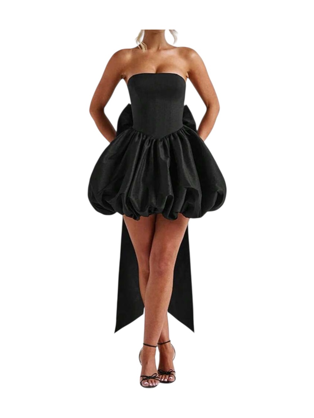 Strapless Black Bubble Hem Cocktail Dress with Large Bow and Train